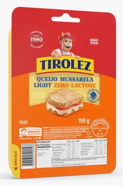 QUEIJO MUSSARELA ZERO LAC FATIADO LIGHT TIROLEZ 150G CX 20UN